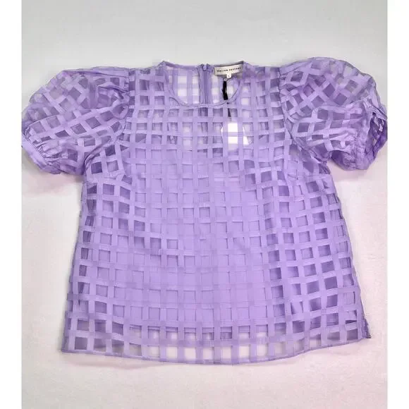 NWT English Factory Sheer Windowpane Puff Sleeve Top Lilac Size L - Picture 7 of 13